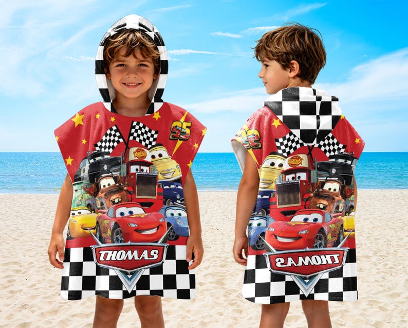 Lightning McQueen Hooded Towel for Kids, Personalized Disney Cars Bath Towel, Custom Name Beach Poncho for Toddler, Cute Cartoon Pool Gift image 1