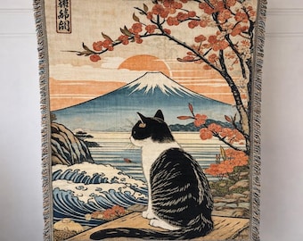 Japanese Cat Woven Blanket, Ukiyo-e Style Mount Fuji Throw, Great Wave Cat Lover Gift, Cherry Blossom Home Decor,Aesthetic Oriental Tapestry