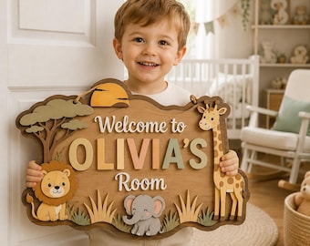 Personalized Safari Nursery Name Sign, 3D Wood Jungle Animal Wall Art, Custom Baby Boy Room Decor, Lion Elephant Giraffe Nursery Gift