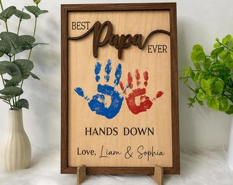 Personalized Hands Down Best Dad Ever, Handprint Sign Fathers Day 2026 Gift, Celebrate Dad with Handprints, Custom Engraved Wooden Sign
