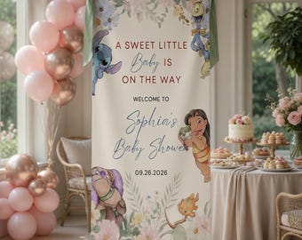 Personalized Lilo and Stitch Baby Shower Welcome Banner, A Sweet Little Baby Is On The Way Welcome Sign Outdoor Ceremony Backdrop Decor