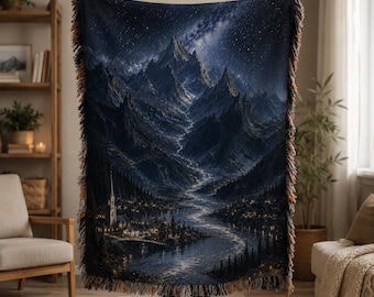 Starlight Fantasy Woven Blanket, Dark Blue Mountain Night Throw, Starry Sky Landscape Blanket, Cozy Cabin Decor, Nature Lover Gift