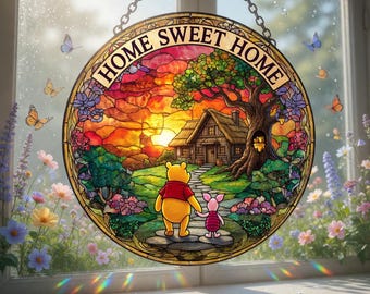 Personalized Disney Winnie the Pooh Stained Glass Suncatcher, Home Sweet Home Cottage Window Decor, Mother's Day Gift, Disney Gift