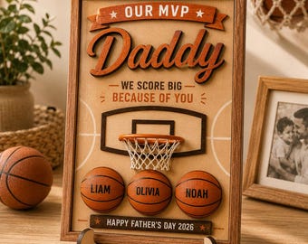 Personalized Basketball Dad Wood Sign, Our MVP Dad Wooden, Custom Kids Name Basketball Plaque, Father's Day Gift For Sports Dad