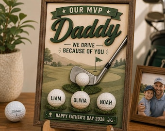 Personalized Golf Dad Wood Sign, Best Dad By Par Wooden Plaque, Custom Kids Name Golf Ball Sign, Father's Day Gift For Golfer Dad