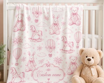 Personalized Nursery Blanket, Custom Name Baby Blanket, Pastel Teddy & Hot Air Balloon Pattern, Baby Shower Gift, Kids Room Decor