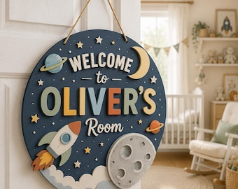 Personalized Space Name Sign, Galaxy Nursery Decor, Astronaut Galaxy Wall Art, Custom 3D Wooden Kids Name Plaque, Baby Boy Room Decor Gift