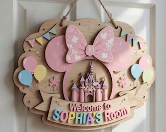 Disney Minnie Wooden Name Sign, Personalized Baby Girl Room Decor, Cute Minnie Mousse Nursery Wall Sign, Custom Kids Door Hanger