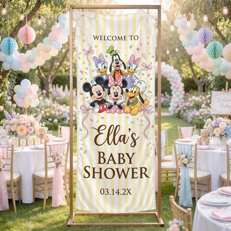 May include: A vertical banner with yellow and white vertical stripes featuring Disney characters including Mickey Mouse, Minnie Mouse, Goofy, Donald Duck, Daisy Duck, and Pluto. The text reads WELCOME TO Ella's BABY SHOWER 03.14.2X with ribbons.
