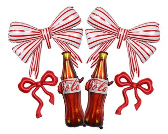 Diet Cola Party Decorations, Diet Soda Bottles, Striped and Red Bows, 6pc Balloons Set