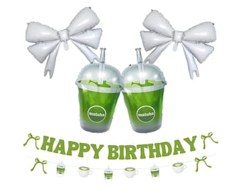 Matcha Birthday Decorations Set, Iced Green Tea Latte and Bow Balloons, Banner