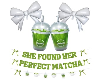 Matcha Bridal Shower Decorations Set, Iced Green Tea Latte and Bow Balloons, Banner