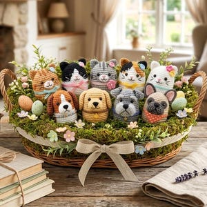 Könnte beinhalten: Ein Weidenkorb gefüllt mit gehäkelten Katzen- und Hundefiguren, eingebettet in grünes Moos und dekoriert mit kleinen Blumen und Ostereiern. Der Korb hat eine große Schleife und steht auf einem Holztisch.