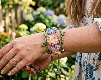 Gehäkelte Blumen Armband Muster | Gänseblümchen Blume Boho Schmuck (PDF Download)