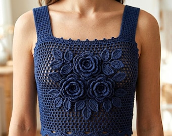 Rose Top PDF häkeln, Crop Top mit Blumenmuster, Mesh Tank Top Muster, Sommer häkeln Top mit quadratischem Ausschnitt