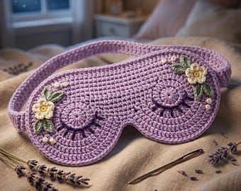 Florale gehäkelte Schlaf Augenmaske Muster, lavendelfarbene Wimpern Design (PDF Download)