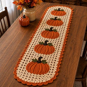 May include: An elongated oval crochet table runner featuring a cream-colored openwork lattice pattern with a scalloped orange border. Five evenly spaced, textured orange pumpkins with dark green stems and leaves are centered along the runner.