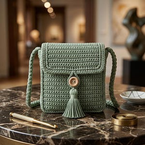 Può includere: Una borsa a tracolla all'uncinetto verde salvia con chiusura a patta e una lunga tracolla intrecciata. La borsa presenta un bottone in legno e un nappa abbinata. La borsa è esposta su una superficie di marmo.