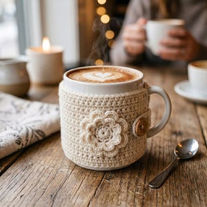 May include: A white ceramic mug filled with coffee, topped with latte art. The mug is wrapped in a cream-colored crocheted cozy with a flower design and a wooden button. A spoon rests on the wooden table.