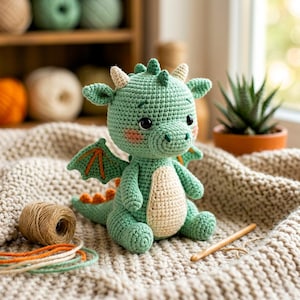 Puede incluir: Un dragón de ganchillo hecho a mano en tonos verdes y crema. El dragón tiene pequeñas alas con detalles naranjas, una barriga crema y pequeños cuernos. Está sentado sobre una superficie beige texturizada, con una madeja de hilo y un ganchillo cerca.