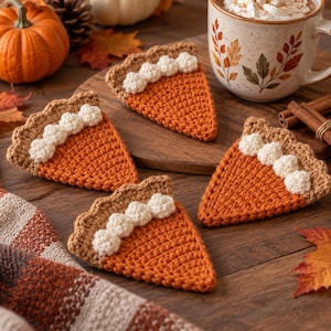 May include: Three triangular crochet pumpkin pie slices with orange filling, a light brown crust edge, and white textured dollops representing whipped cream. Each piece is crafted with yarn and features a distinct, repeating stitch pattern.