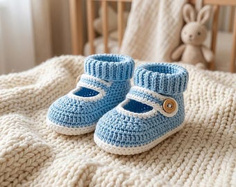 Babyschuhe Häkelanleitung, Mary Jane Booties, gerippte Manschette, Neugeborene häkeln (PDF)