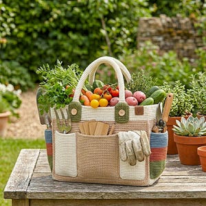 May include: A crocheted garden tote bag filled with fresh vegetables and gardening tools. The bag has multiple pockets and a striped design. The bag is sitting on a wooden table in a garden setting.