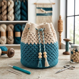 May include: A handmade crochet drawstring bag in teal and beige. The bag features a textured stitch pattern and a drawstring closure with wooden beads and tassels. Crochet hooks and yarn are in the background.