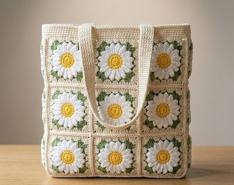 Häkeln Daisy Oma Quadrat Einkaufstasche Muster PDF, Blumen Häkelanleitung, Boho Markt Tasche, Anfänger häkeln Geldbörse, Sommer Schultertasche