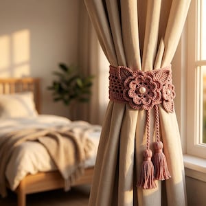 Puede incluir: Un recogedor de cortinas de ganchillo en color rosa empolvado, con un diseño floral con una perla central y dos flores más pequeñas. El recogedor está envuelto alrededor de una cortina beige, con borlas a juego. El fondo muestra un dormitorio con una cama.