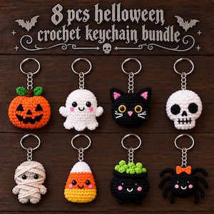 May include: A set of 8 crochet keychains featuring Halloween themes including a pumpkin, ghost, black cat, skull, mummy, candy corn, cauldron, and spider. The text "8 pcs helloween crochet keychain bundle" is displayed at the top of the image.