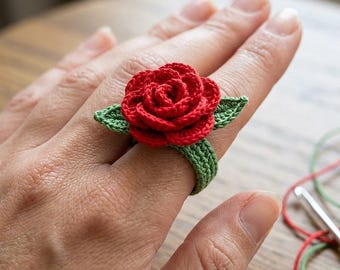 Gehäkelte Rose Ring PDF, Mini Blume Ring Häkelanleitung, Häkelschmuck Muster, kleine Rose Ring DIY, Anfänger Geschenk