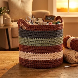 Könnte beinhalten: Ein runder, gestreifter Häkelkorb in Braun-, Grau-, Grün- und Cremetönen, gefüllt mit Nähutensilien. Der Korb hat Griffe und steht auf einer Holzoberfläche, mit Garn und einem Häkelhaken in der Nähe. Eine gemütliche, warmtonige Szene.