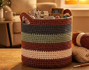 Chunky Crochet Basket Pattern, Modern Striped Storage, Easy PDF (Digital Download)
