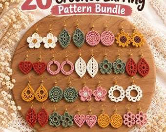 May include: A collection of 20 pairs of crochet earrings in various shapes including flowers, leaves, hearts, and circles, featuring colours like white, pink, green, yellow, and red. The text 20 Crochet Earring Pattern Bundle is displayed.