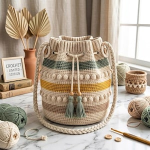 Peut inclure: Un sac seau en crochet beige et multicolore avec fermeture à cordon et bandoulière tressée. Le sac présente des rayures vertes, jaunes et marron, avec des boules décoratives. Le texte "CROCHET - LIMITED - EDITION" est dans un petit cadre.