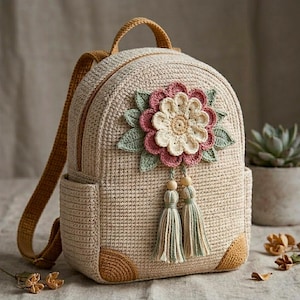 May include: A beige crochet backpack with a large, decorative flower in pink, cream, and green. The backpack has a top handle, adjustable straps, and two tassels. The corners and straps are a darker beige color.