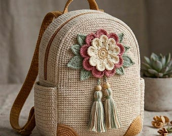 Gehäkelte Blumen Rucksack PDF, schicker Boho Mini Rucksack, Häkelanleitung für kleine Taschen, Reißverschluss Rucksack DIY, robustes Taschendesign