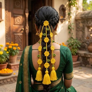 May include: A woman's braided black hair adorned with a yellow floral hair accessory. The accessory features crocheted yellow flowers, green leaves, and yellow tassels. The woman is wearing a green sari.