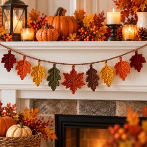 Fall Leaf Garland Crochet Pattern PDF, Autumn Oak and Maple Leaves, Thanksgiving Mantel Bunting, Rustic Woodland Home Decor