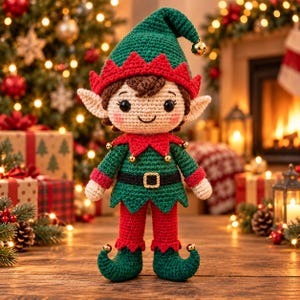May include: A crocheted elf doll featuring a green hat with a gold bell, a red collar with gold bells, a green tunic with a black belt and gold buckle, and red pants with green curled shoes. The doll has brown hair, pink cheeks, and black eyes.