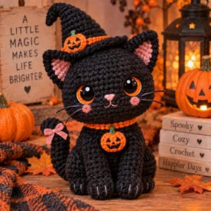 May include: A black crocheted cat plush toy wearing a pointed witch hat with a small orange pumpkin accent. The cat has large orange eyes, pink inner ears, a pink nose, and a collar featuring a dangling orange pumpkin charm and a pink bow.