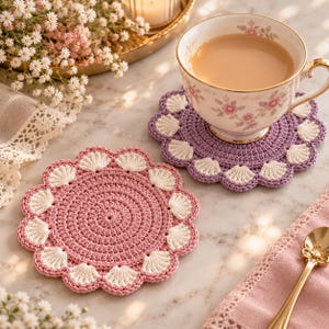 Crochet Pastel Shell Coaster Pattern, Scalloped Round Coaster, Floral Table Decor, Pink Purple Coaster PDF
