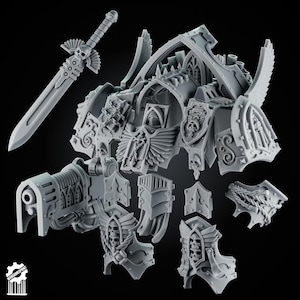 May include: A grey resin miniature kit featuring a large armored torso with winged skull motifs, a heavy plasma cannon, a sword with a skull crossguard, and various pauldrons and leg armor plates. The Wargamesprint logo is visible in the bottom corner.