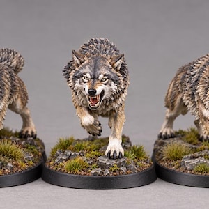 May include: Five miniature wolf figurines in dynamic poses, each featuring detailed grey, brown, and white fur patterns. The wolves are depicted with open mouths and bared teeth, mounted on individual circular black bases with textured rocky terrain.