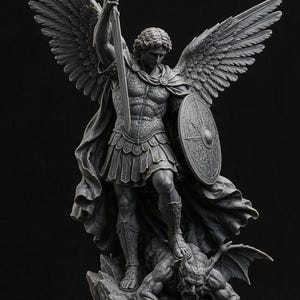 Op de afbeelding: Een grijs monochroom beeldhouwwerk van een gevleugelde figuur in harnas in Romeinse stijl, met een zwaard omhoog in de ene hand en een rond schild in de andere, staand op een rotsachtige basis boven een gehoornd wezen met vleugels.