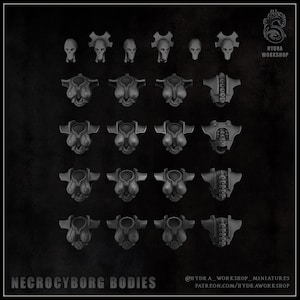 May include: A selection of dark grey Necrocyborg miniature components, including heads and torsos. The image displays various skull-shaped heads and detailed body pieces. The text "NECROCYBORG BODIES" is at the bottom, with social media handles.