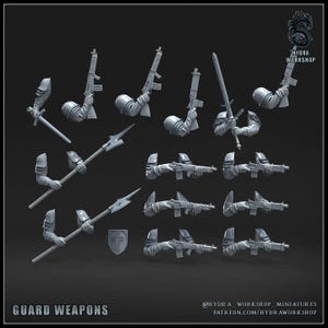 May include: A selection of grey miniature guard weapons, including rifles, spears, a sword, and a shield. The text "GUARD WEAPONS" is at the bottom of the image, with the Hydra Workshop logo in the upper right corner.