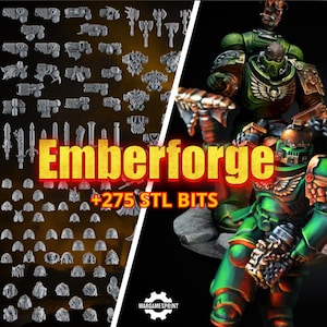 May include: A collection of 275 grey miniature gaming bits labelled Emberforge, including various weapons, shoulder pads, and helmets, displayed alongside two painted green armoured soldier figurines with metallic highlights and detailed gear.