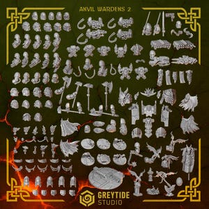 May include: An assortment of miniature figurines and components, including helmets, weapons, armor, and decorative elements. The pieces are arranged on a green and orange background, with the text "ANVIL WARDENS 2" and "GREYTIDE STUDIO".